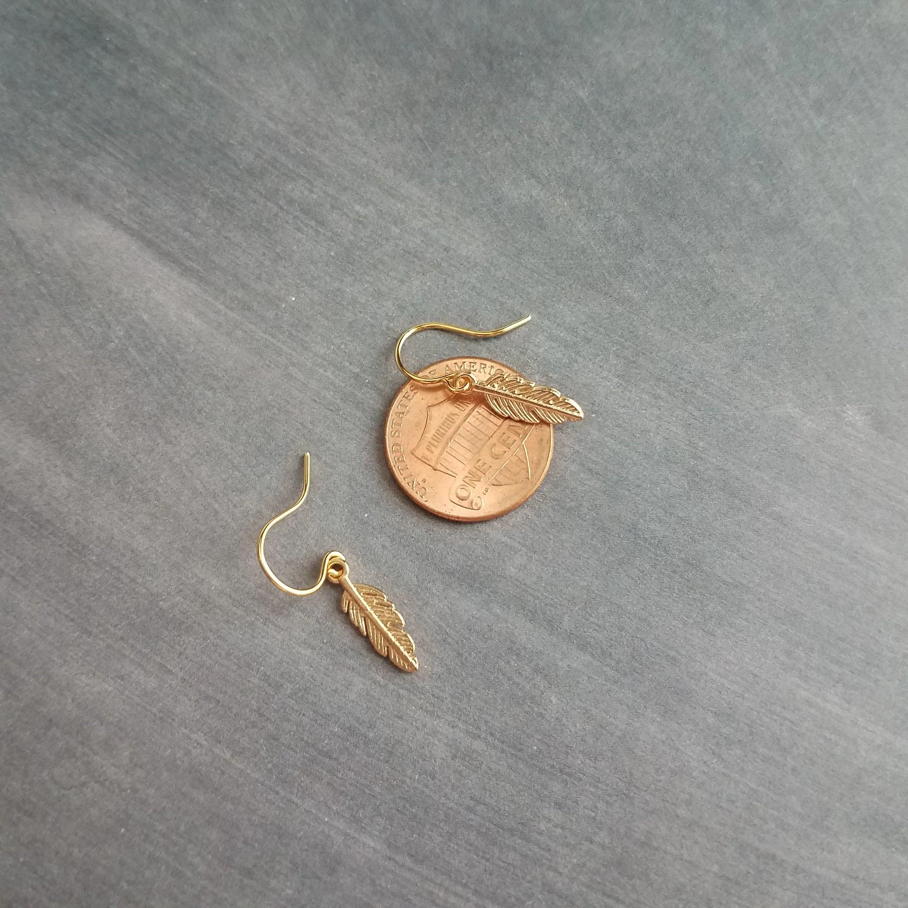 Tiny Gold Feather Earrings, small feather earring, tiny feather earring, gold feather charm, little feather dangle, simple gold feather