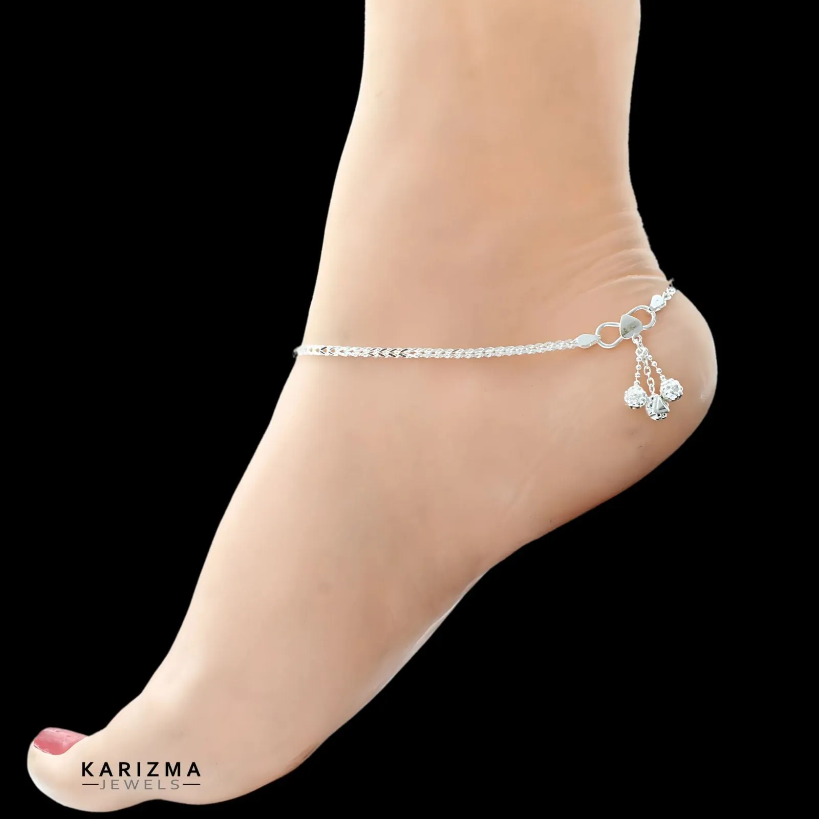 Trendy 925 Sterling Silver Indian women handmade Anklets Pair 10.2"