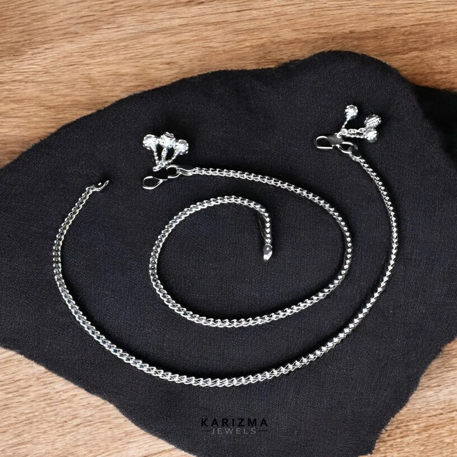 Trendy 925 Sterling Silver Indian women handmade Anklets Pair 10.2"