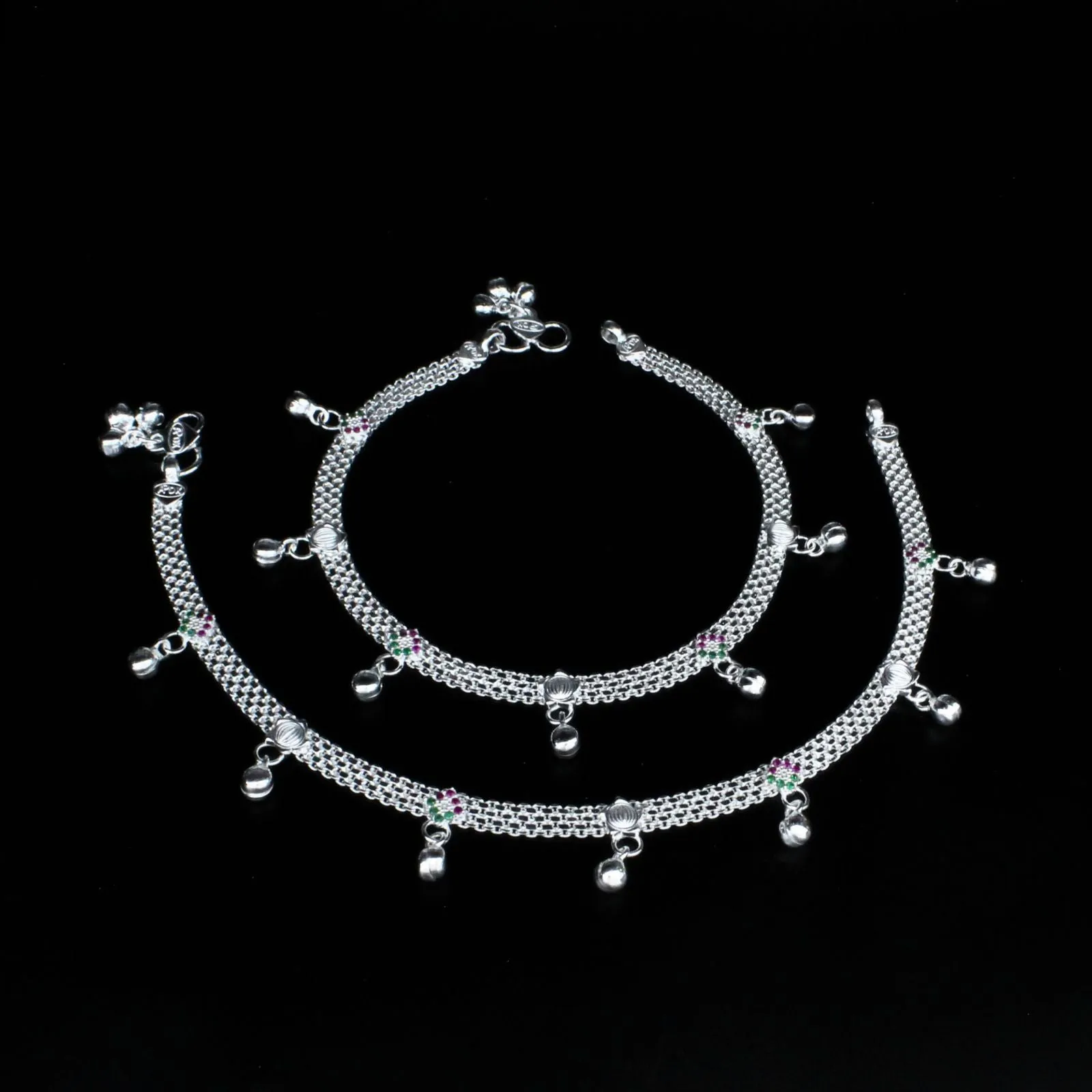 Trendy Real Sterling Silver Indian women Green Pink CZ Anklet Ankle Pair 10.3"