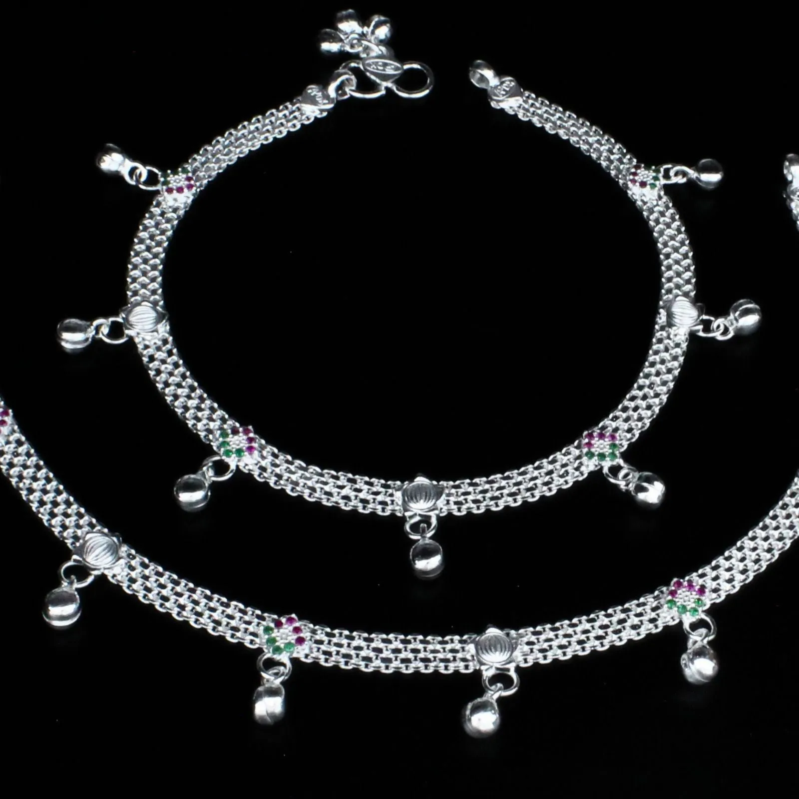 Trendy Real Sterling Silver Indian women Green Pink CZ Anklet Ankle Pair 10.3"