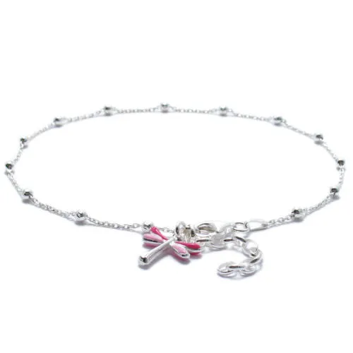 Trendy Sterling Silver 9"-10" Adjustable Pink Dragonfly Anklet