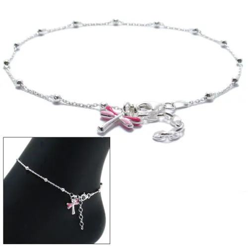 Trendy Sterling Silver 9"-10" Adjustable Pink Dragonfly Anklet