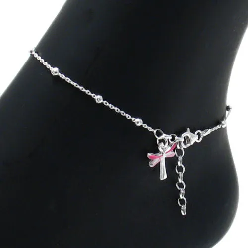 Trendy Sterling Silver 9"-10" Adjustable Pink Dragonfly Anklet