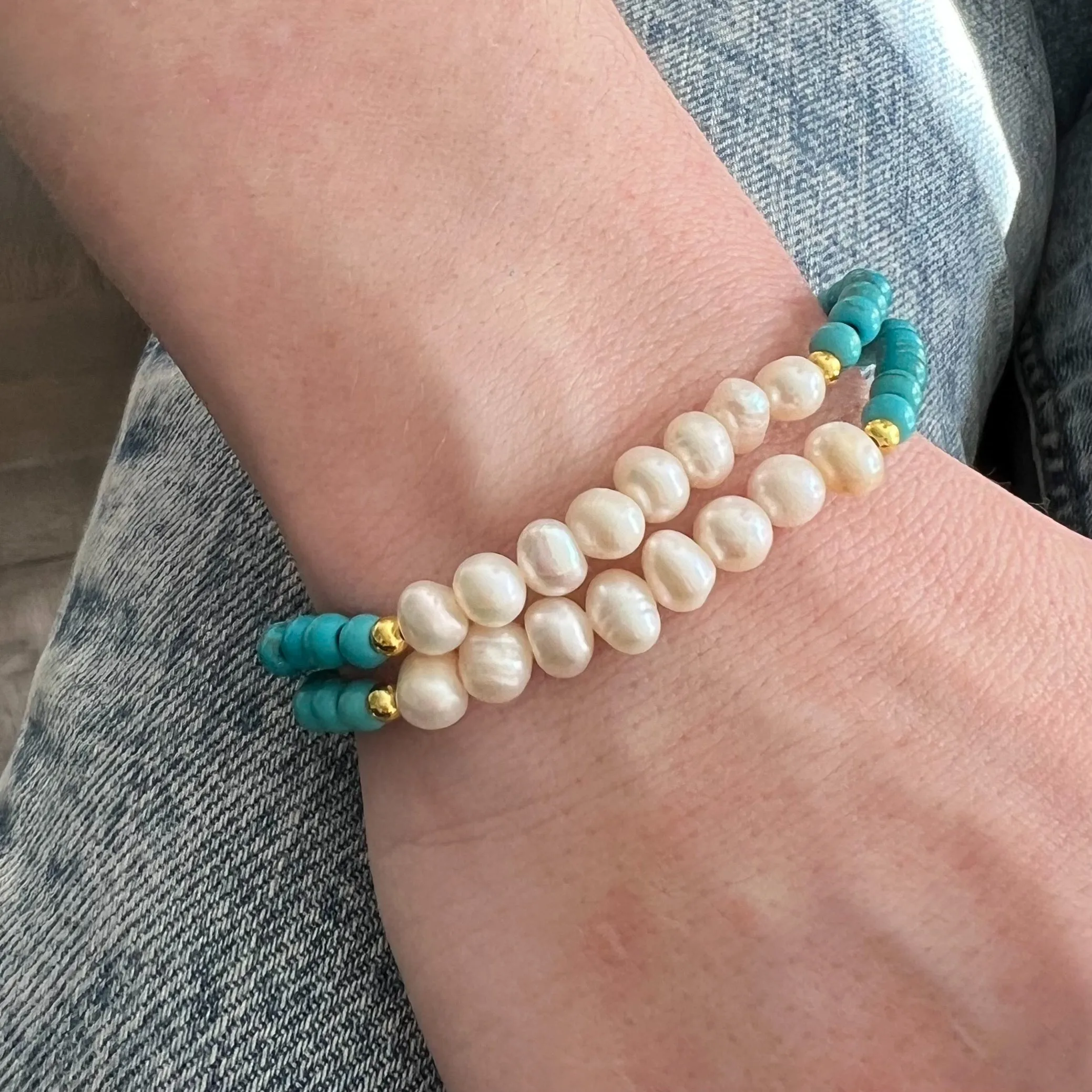 turquoise & freshwater pearl  bracelet set of 2