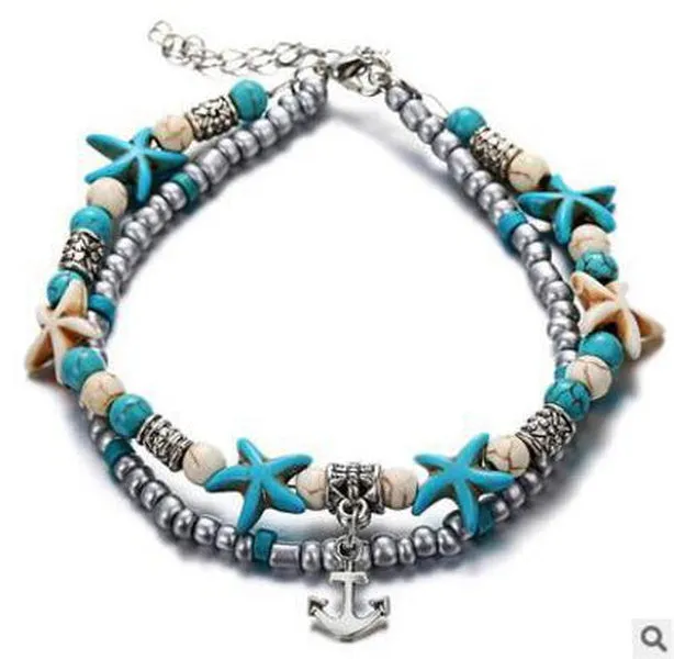 Turquoise Starfish and Anchor Pendant Anklet