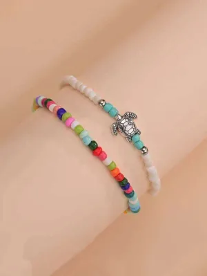 Turtle Charm Beaded Anklet Set