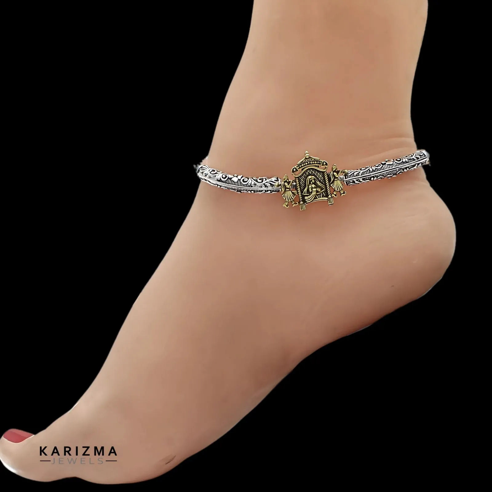 Two Tone Real Sterling Silver Indian women brides Oxidized Anklet Pair