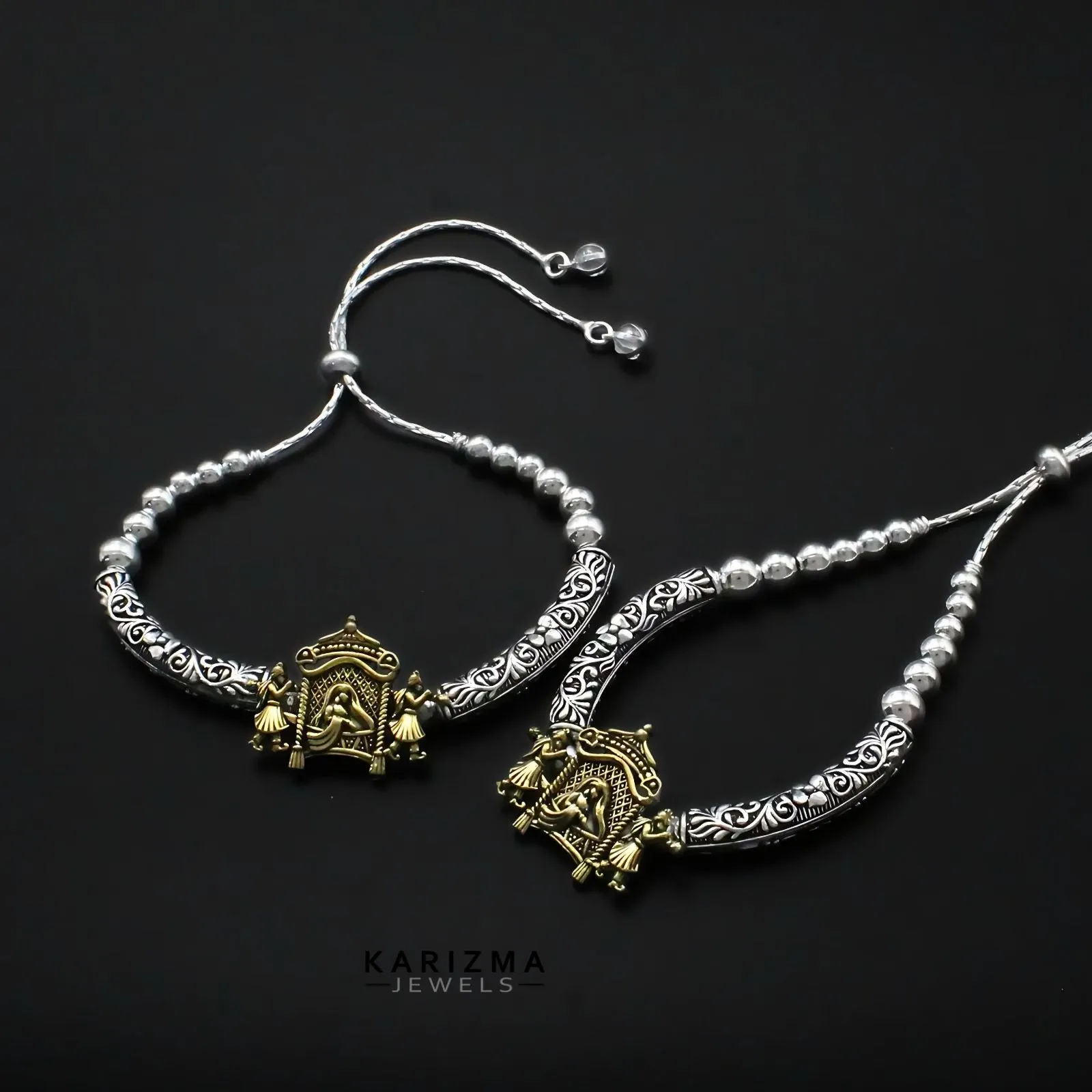 Two Tone Real Sterling Silver Indian women brides Oxidized Anklet Pair