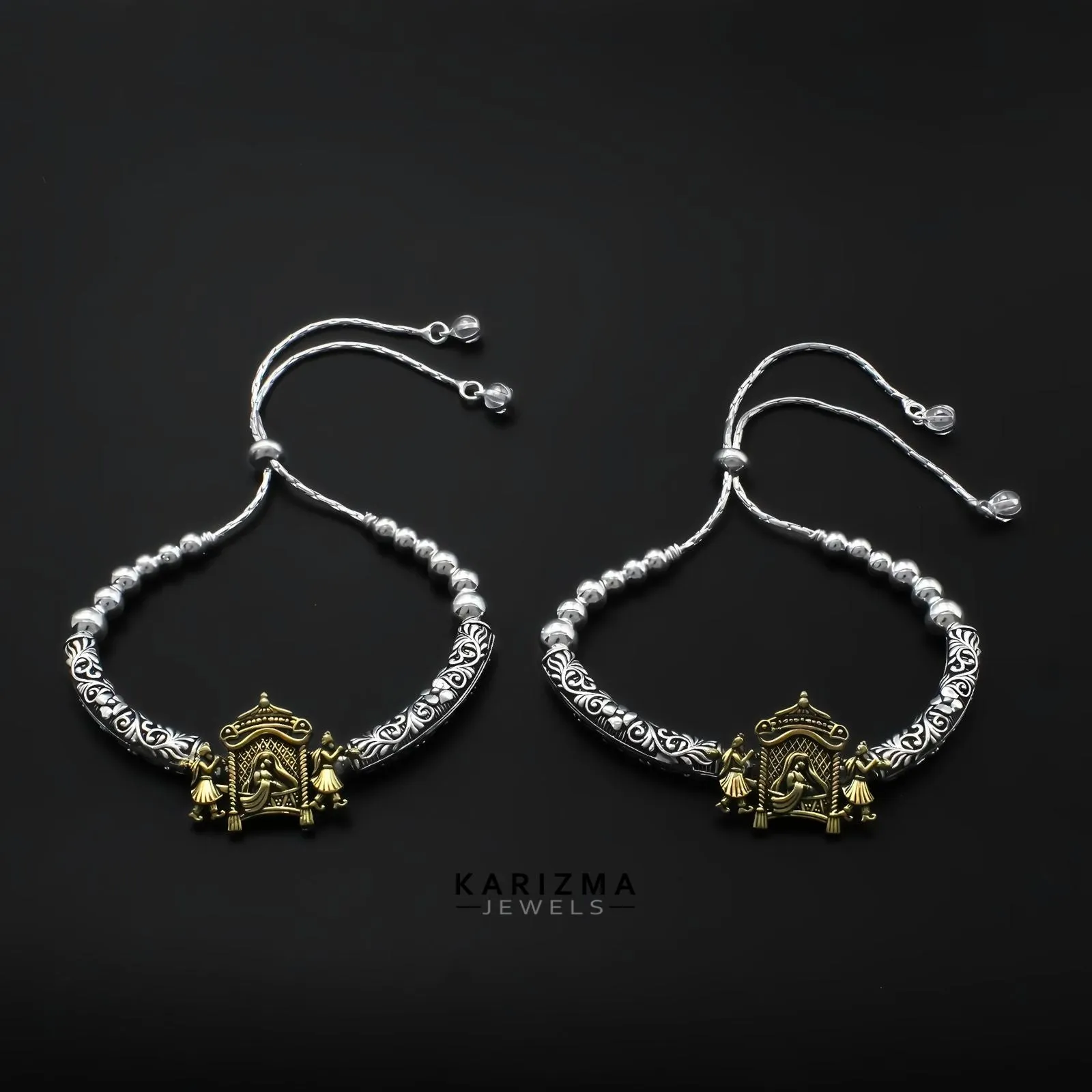 Two Tone Real Sterling Silver Indian women brides Oxidized Anklet Pair