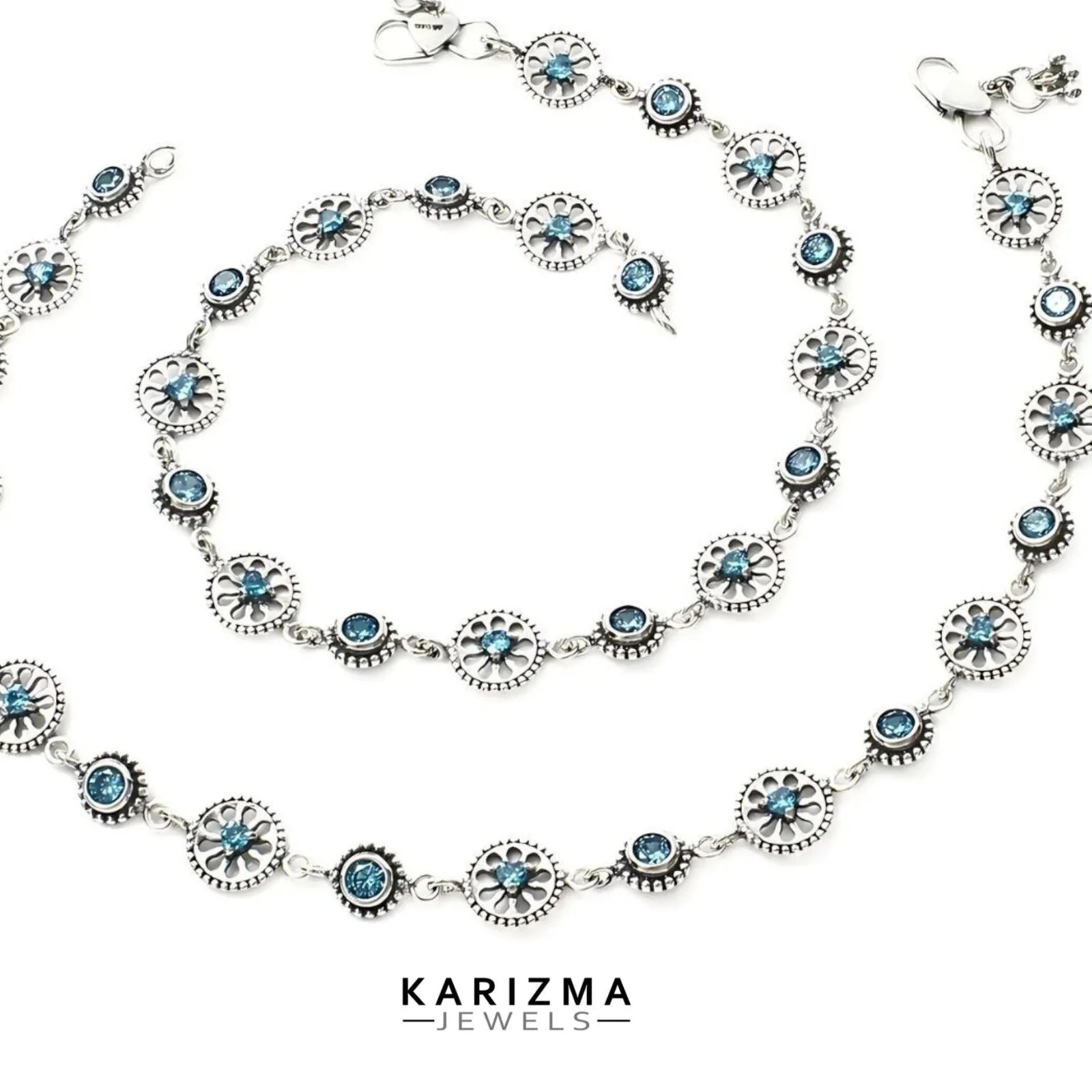 Unique floral style 925 Sterling Silver Women Blue CZ Oxidised Anklets Pair 10"