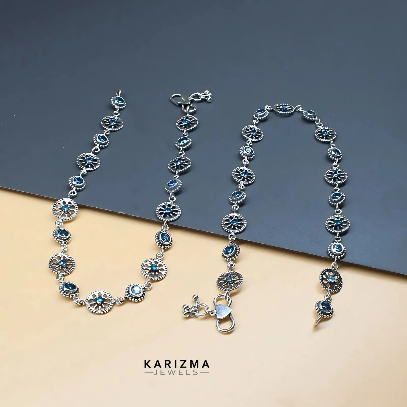Unique floral style 925 Sterling Silver Women Blue CZ Oxidised Anklets Pair 10"