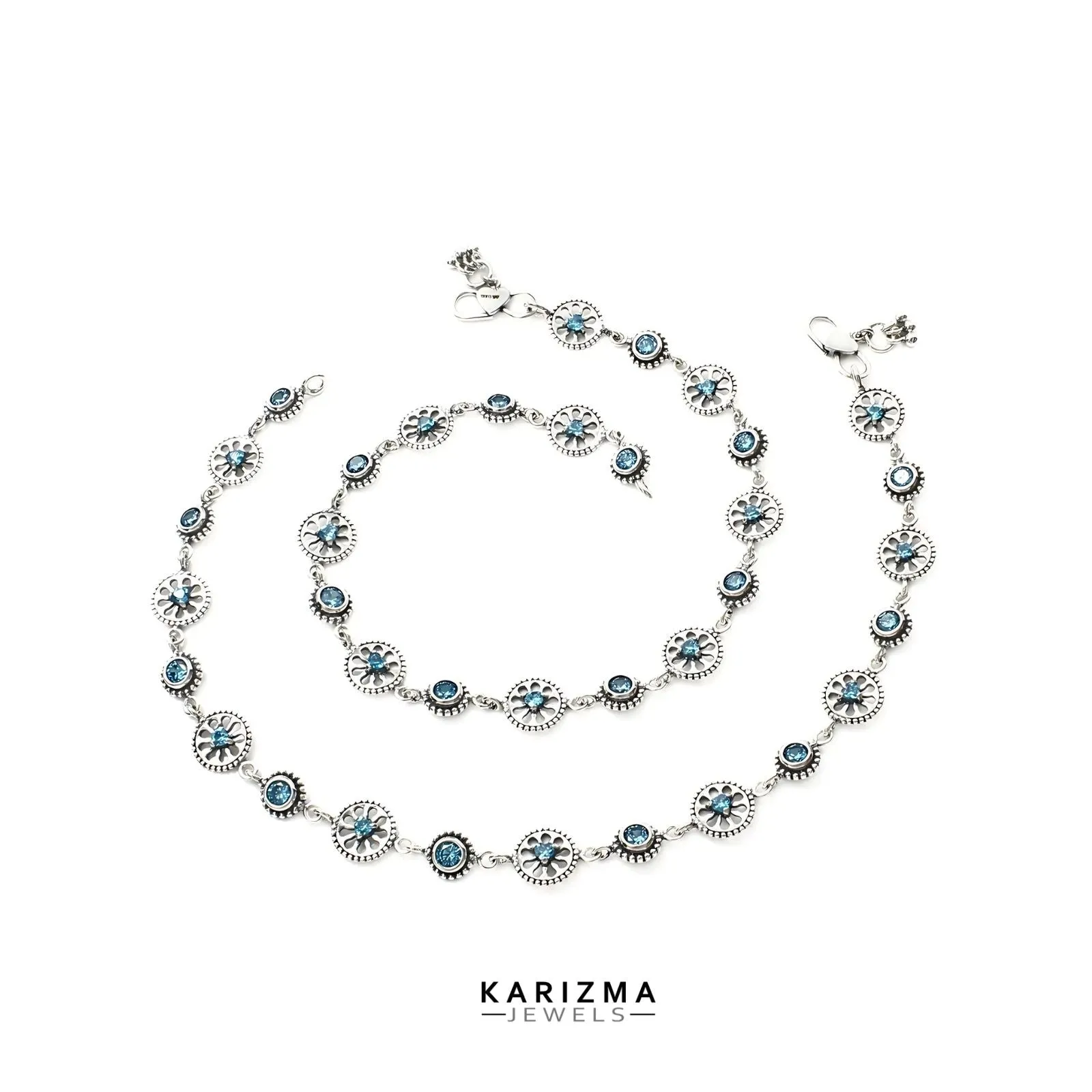 Unique floral style 925 Sterling Silver Women Blue CZ Oxidised Anklets Pair 10"
