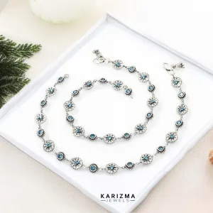 Unique floral style 925 Sterling Silver Women Blue CZ Oxidised Anklets Pair 10"