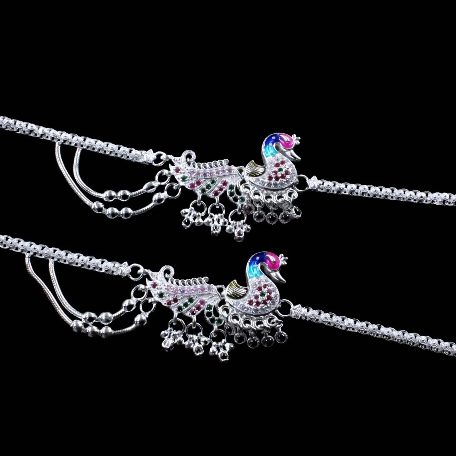 Unique Peacock Design Real Silver Women CZ Anklets Ankle Pair 10.3"