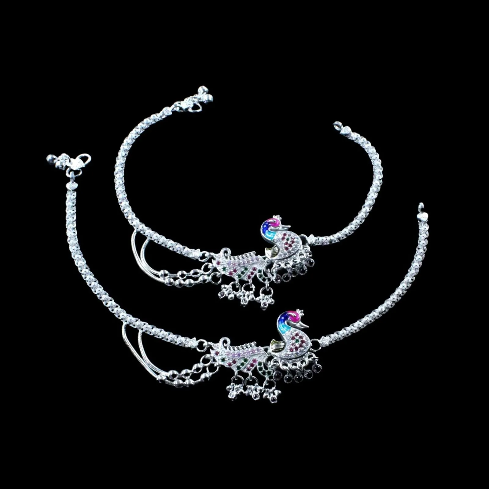Unique Peacock Design Real Silver Women CZ Anklets Ankle Pair 10.3"
