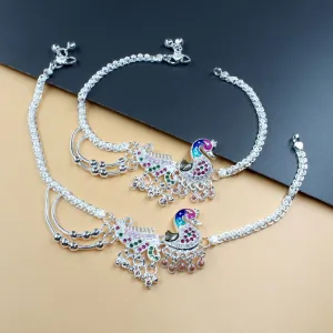 Unique Peacock Design Real Silver Women CZ Anklets Ankle Pair 10.3"