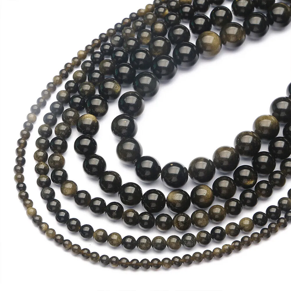 US 6/8/10 MM Natural Stone Golden Obsidian Loose Spacer Beads For Jewelry Making
