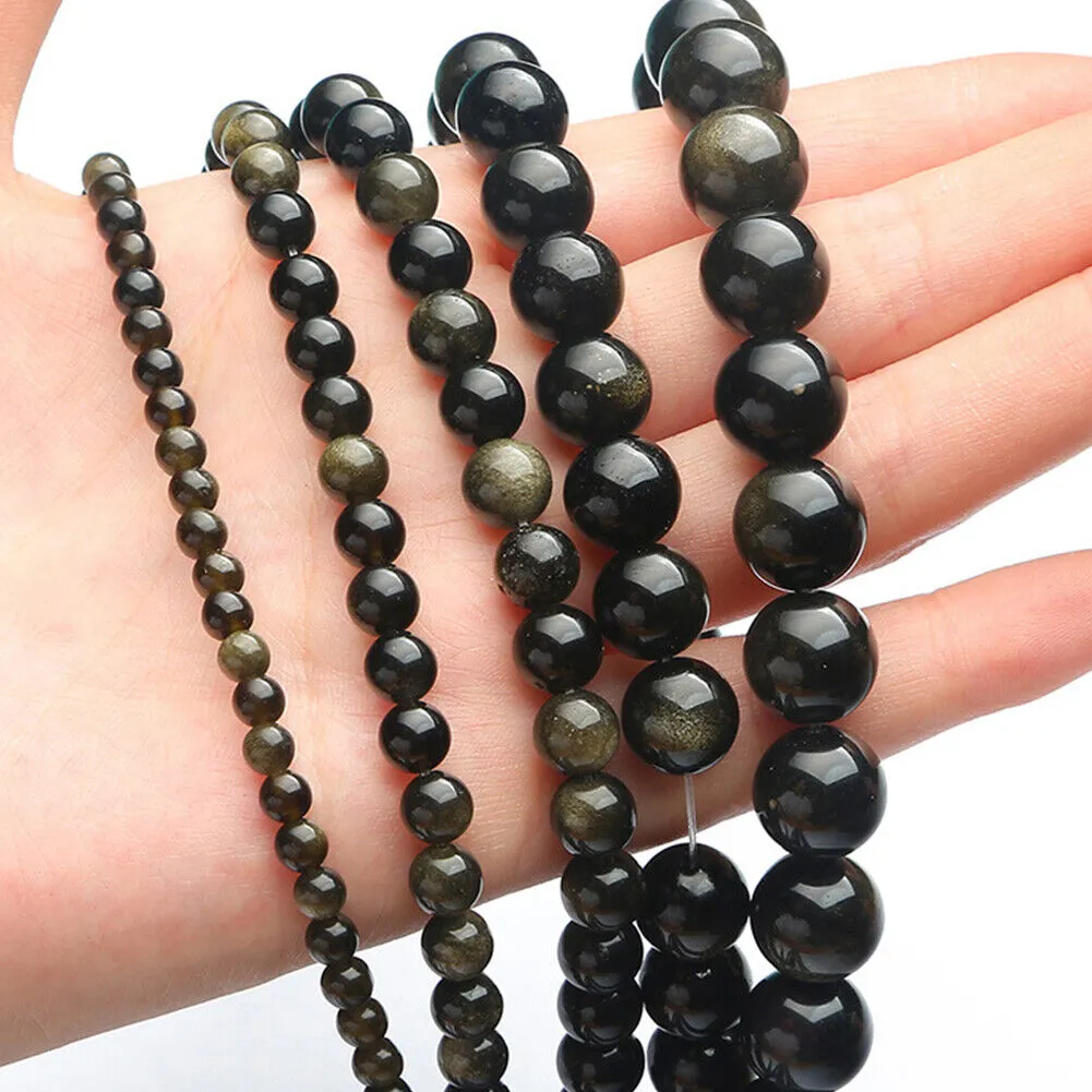 US 6/8/10 MM Natural Stone Golden Obsidian Loose Spacer Beads For Jewelry Making