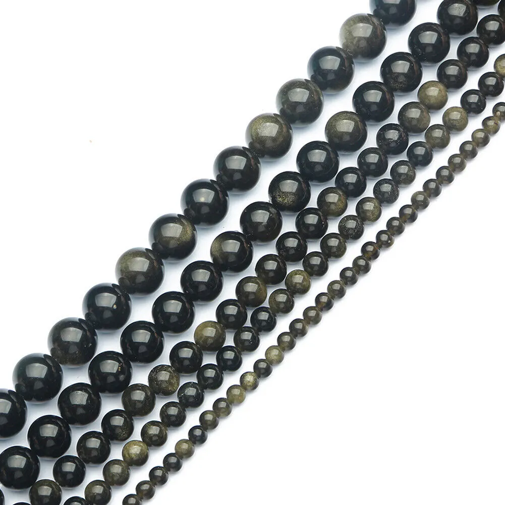 US 6/8/10 MM Natural Stone Golden Obsidian Loose Spacer Beads For Jewelry Making