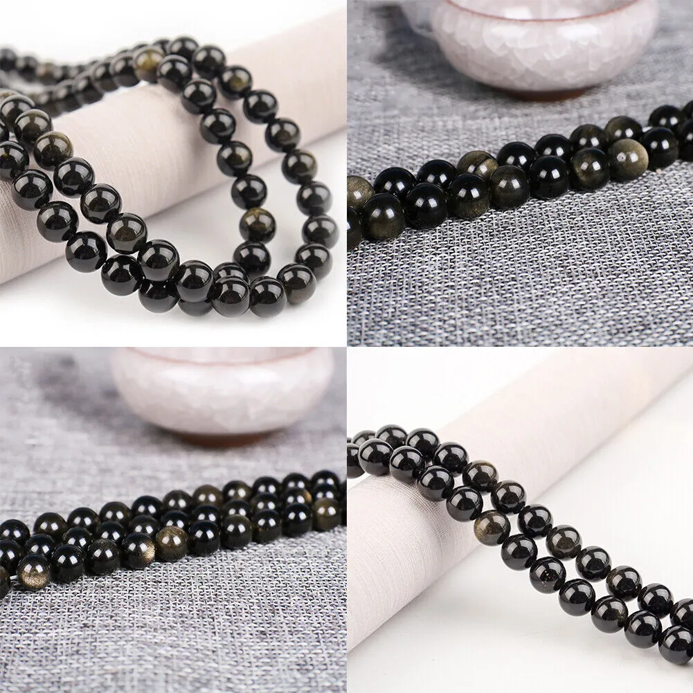 US 6/8/10 MM Natural Stone Golden Obsidian Loose Spacer Beads For Jewelry Making