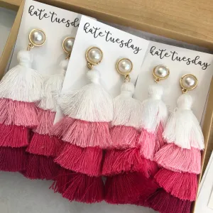 Valentines 4 Layer Pink Pearl Tassel Earrings