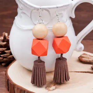 Velvet Faux Suede Dark Coffee Russet Orange Tassel Earrings