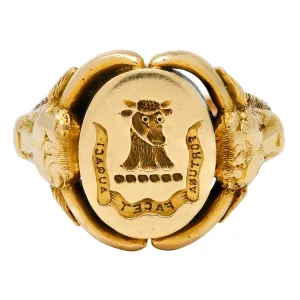 Victorian 14 Karat Yellow Gold Fortune Favors The Brave Bull Antique Intaglio Signet Ring