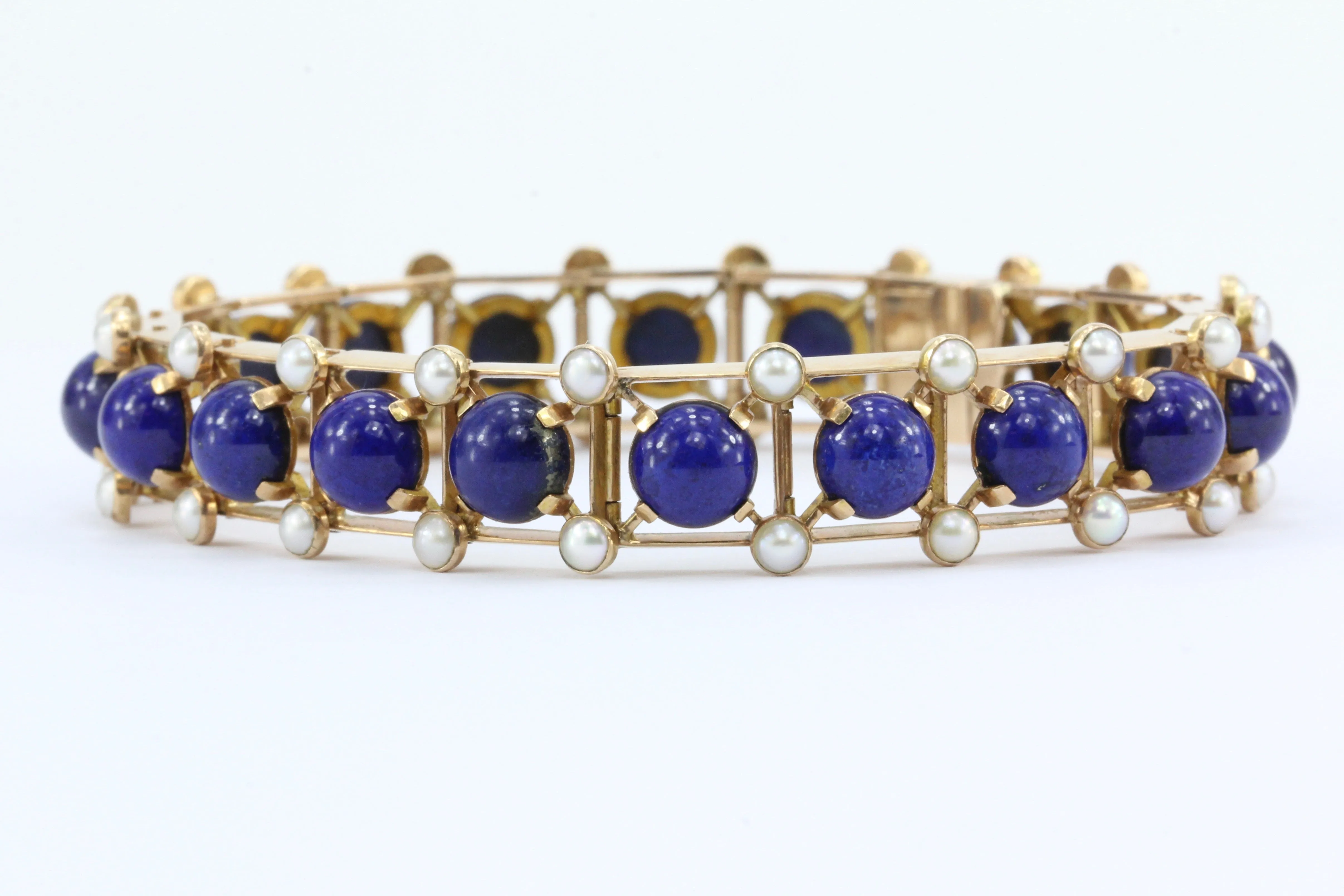 Victorian 15K Rose Gold Lapis & Pearl Fret Work Bracelet c.1880