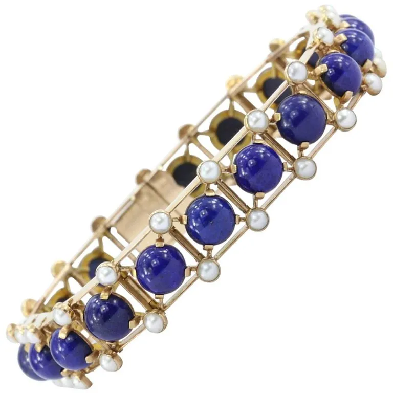 Victorian 15K Rose Gold Lapis & Pearl Fret Work Bracelet c.1880