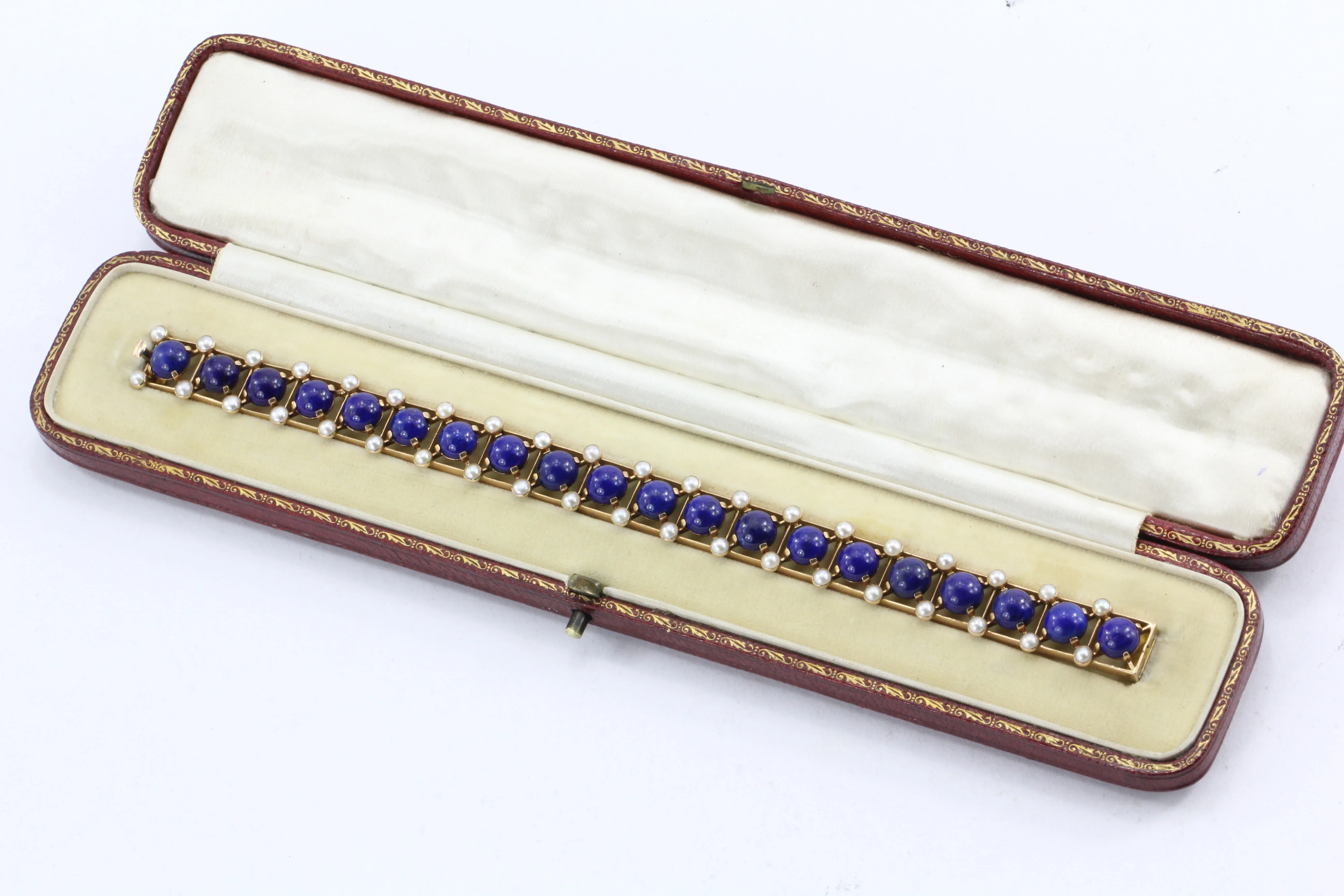 Victorian 15K Rose Gold Lapis & Pearl Fret Work Bracelet c.1880