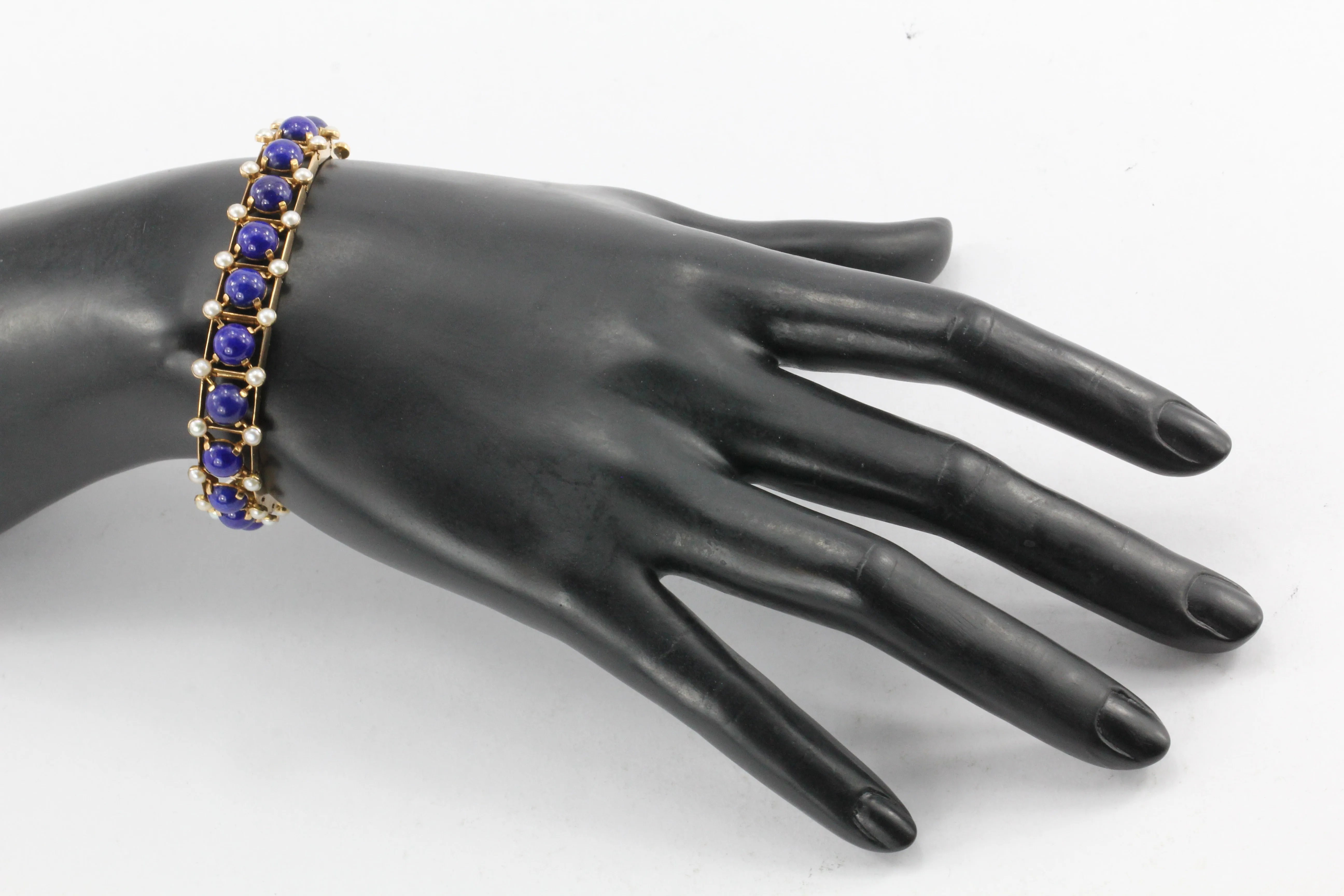 Victorian 15K Rose Gold Lapis & Pearl Fret Work Bracelet c.1880