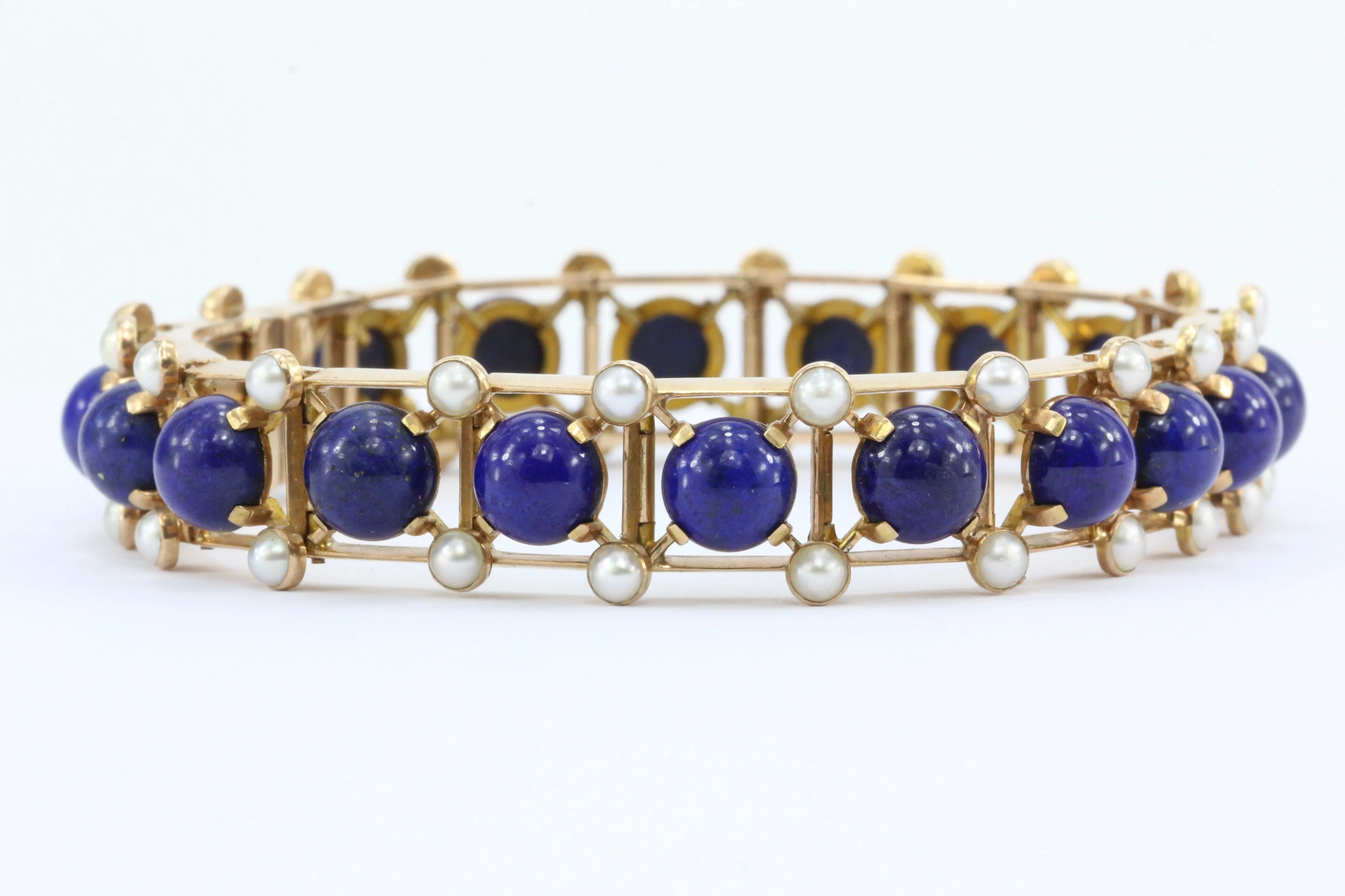 Victorian 15K Rose Gold Lapis & Pearl Fret Work Bracelet c.1880