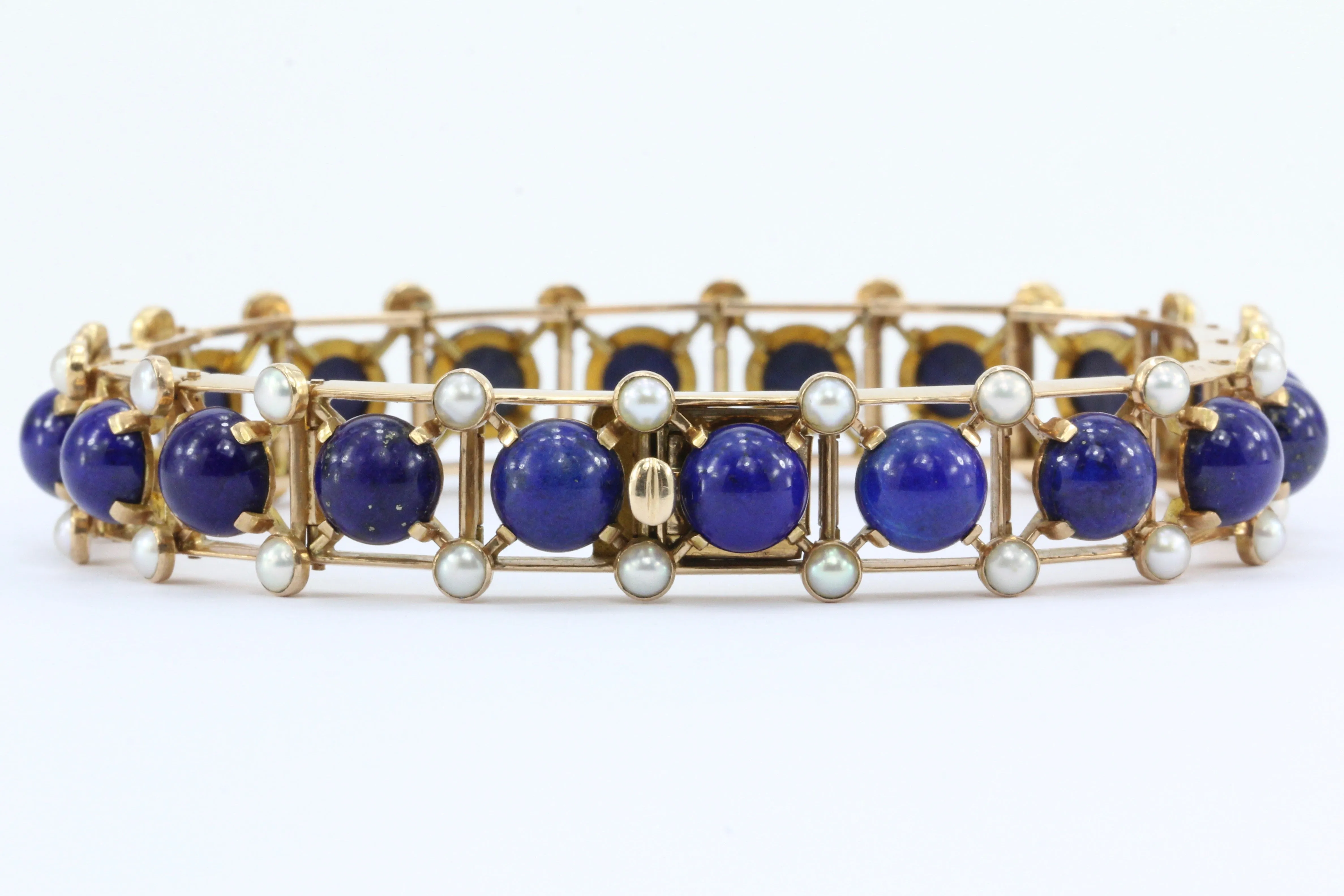Victorian 15K Rose Gold Lapis & Pearl Fret Work Bracelet c.1880