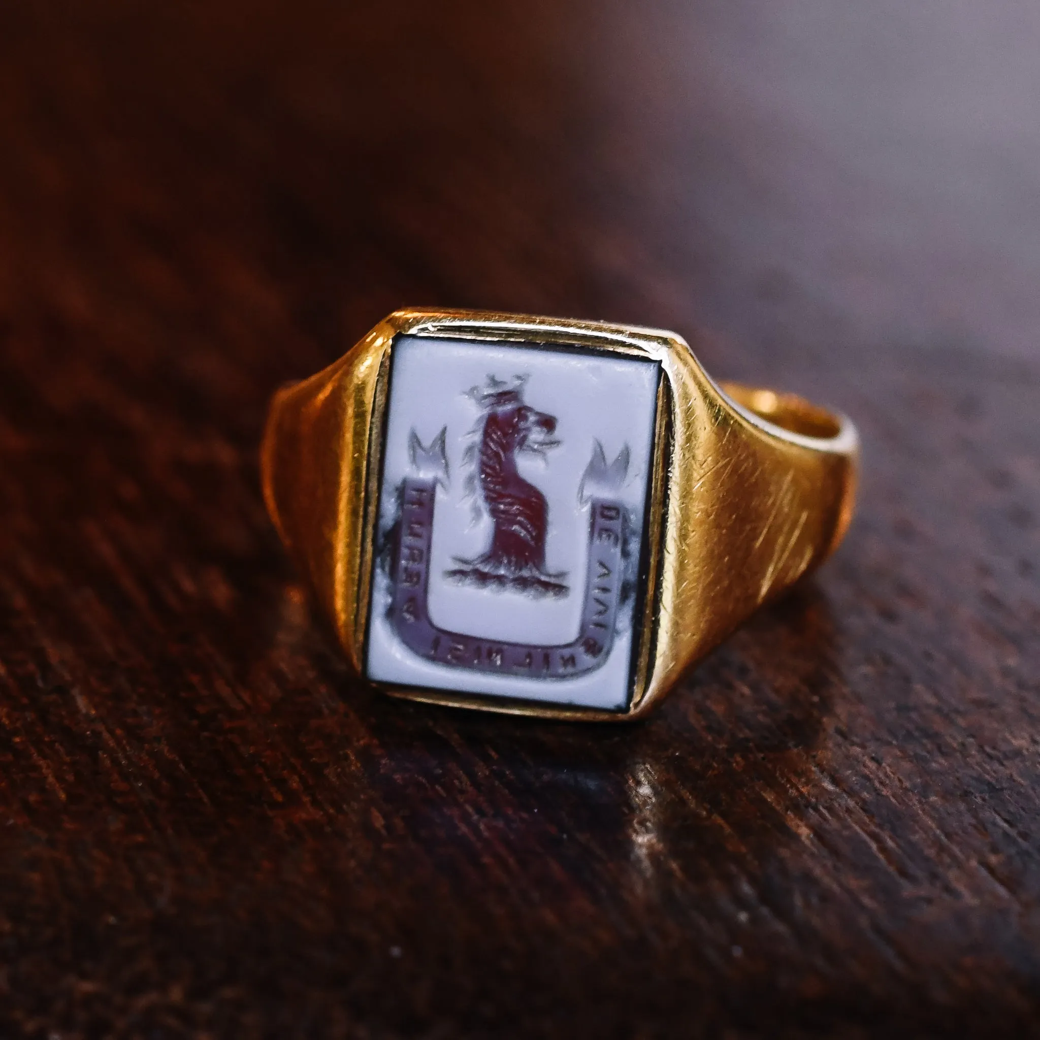 Victorian Sardonyx Crowned Lion Intaglio Signet Ring