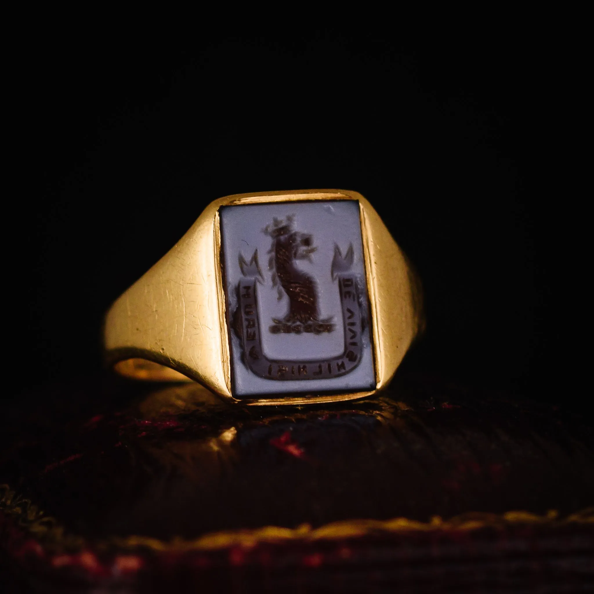 Victorian Sardonyx Crowned Lion Intaglio Signet Ring