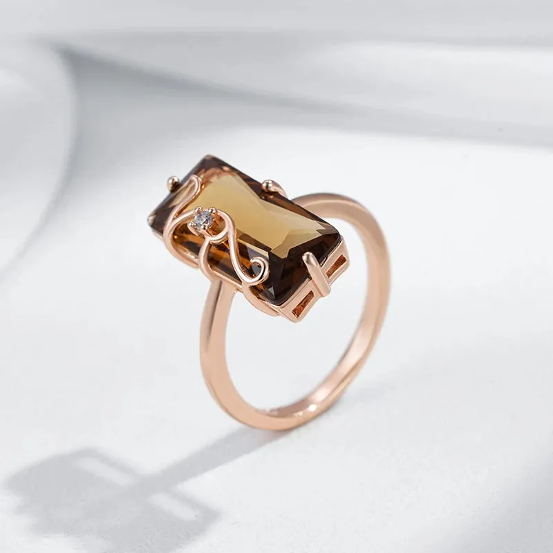 Vintage 585 Rose Gold Square Ring with Light Brown Natural Zircon