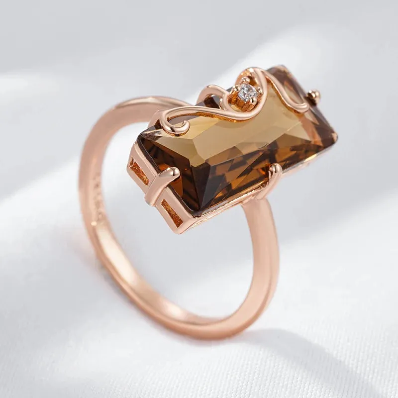 Vintage 585 Rose Gold Square Ring with Light Brown Natural Zircon