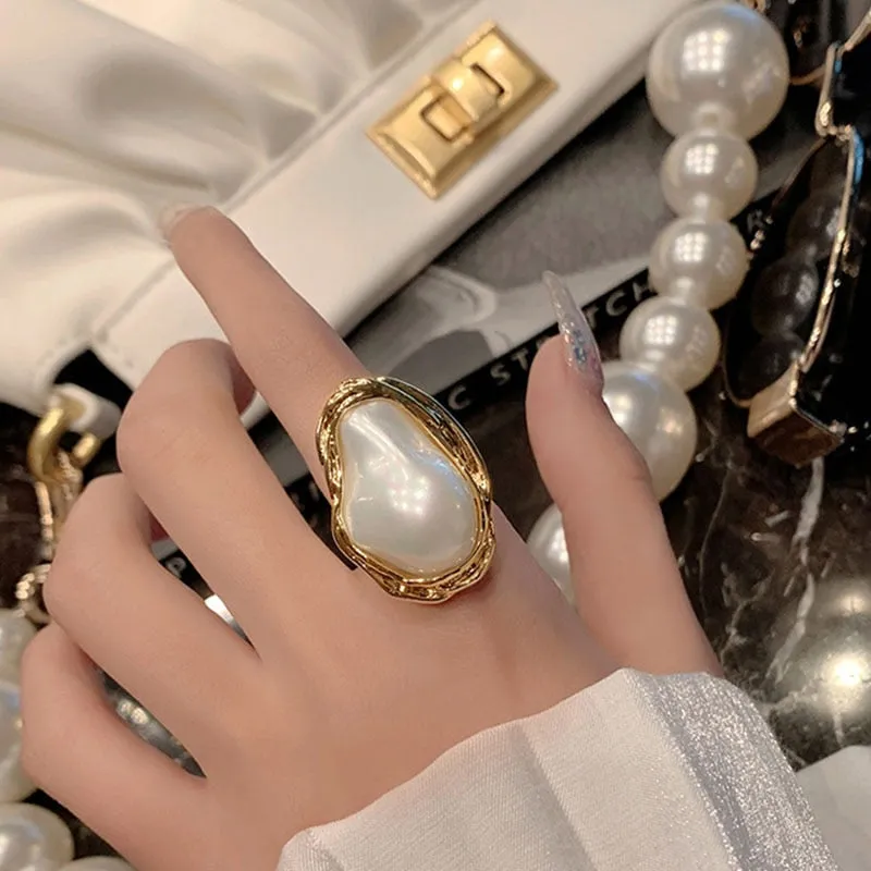 Vintage Baroque Pearl Ring Gold for Women Girls Party Jewelry