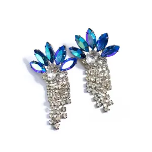 Vintage Blue Aurora Borealis and Diamante Rhinestone Tassel Earrings