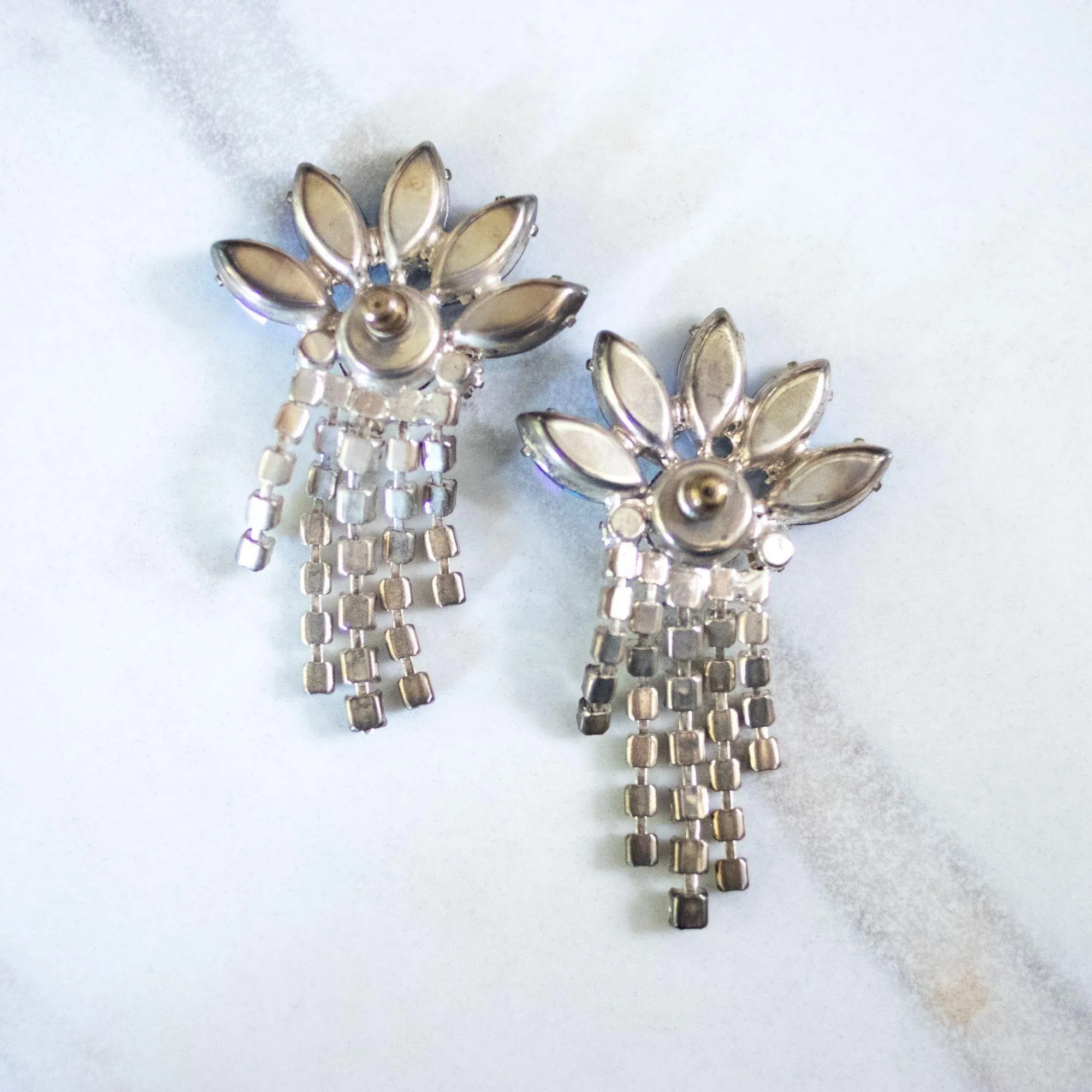 Vintage Blue Aurora Borealis and Diamante Rhinestone Tassel Earrings