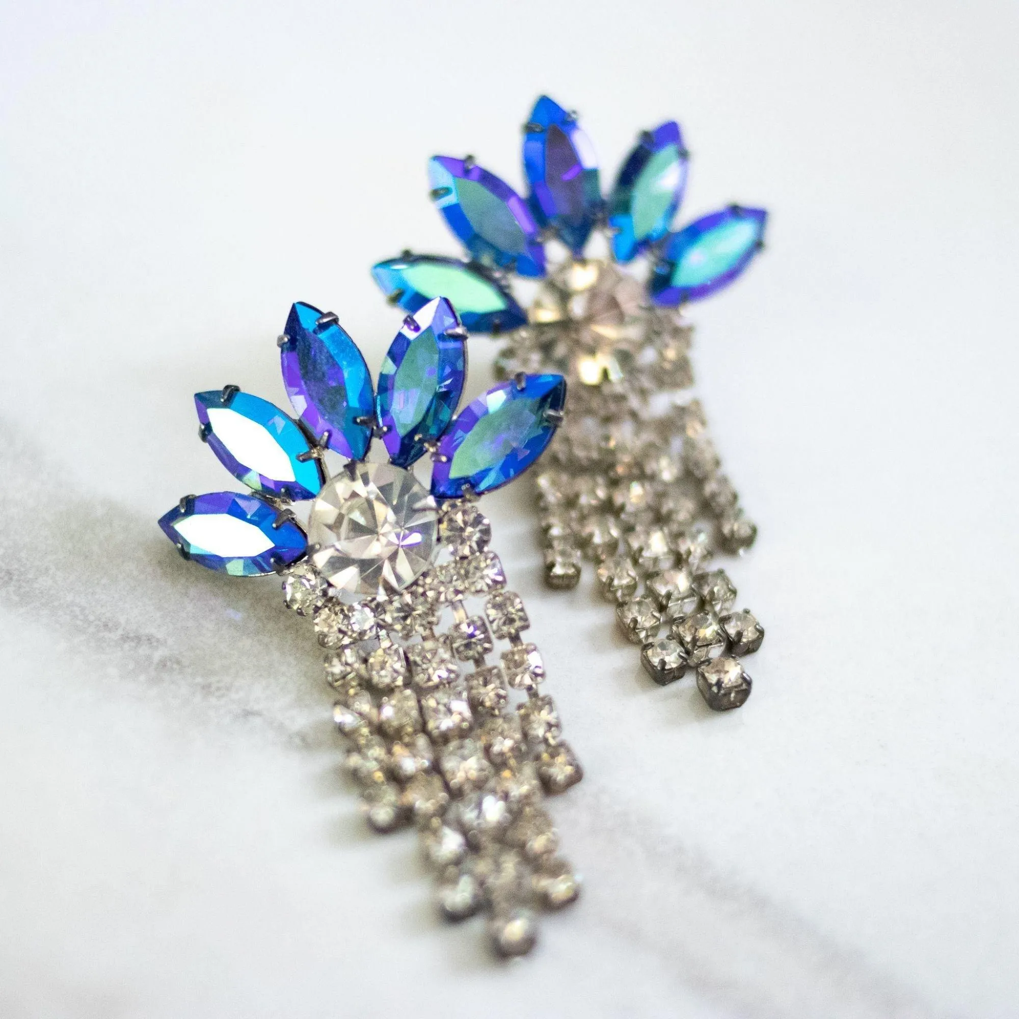 Vintage Blue Aurora Borealis and Diamante Rhinestone Tassel Earrings