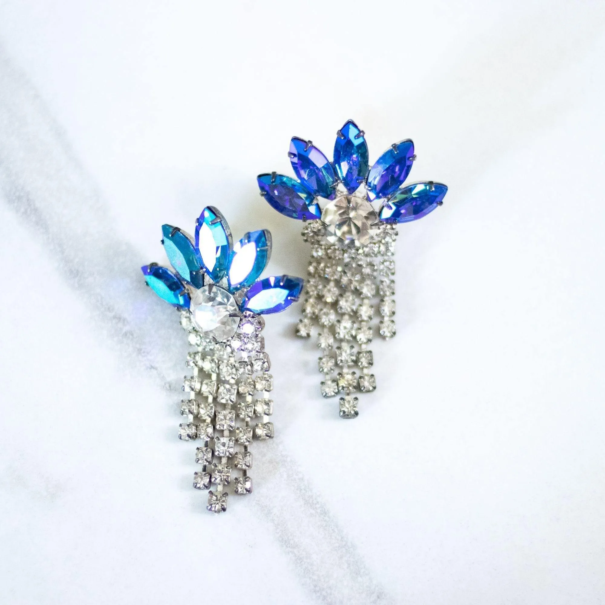 Vintage Blue Aurora Borealis and Diamante Rhinestone Tassel Earrings