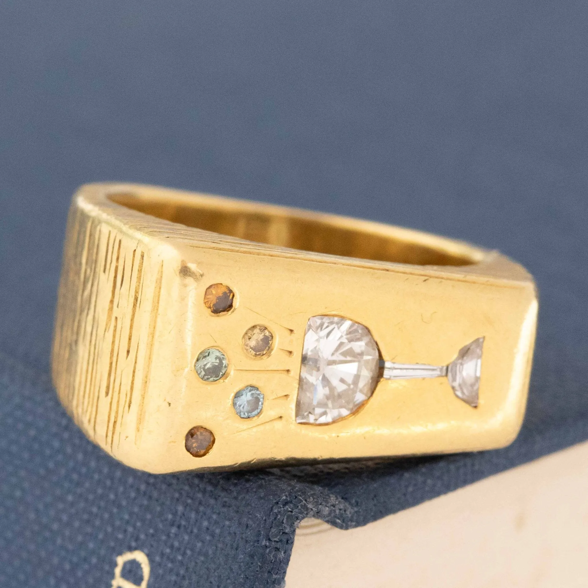 Vintage Champagne Motif Diamond Signet Ring