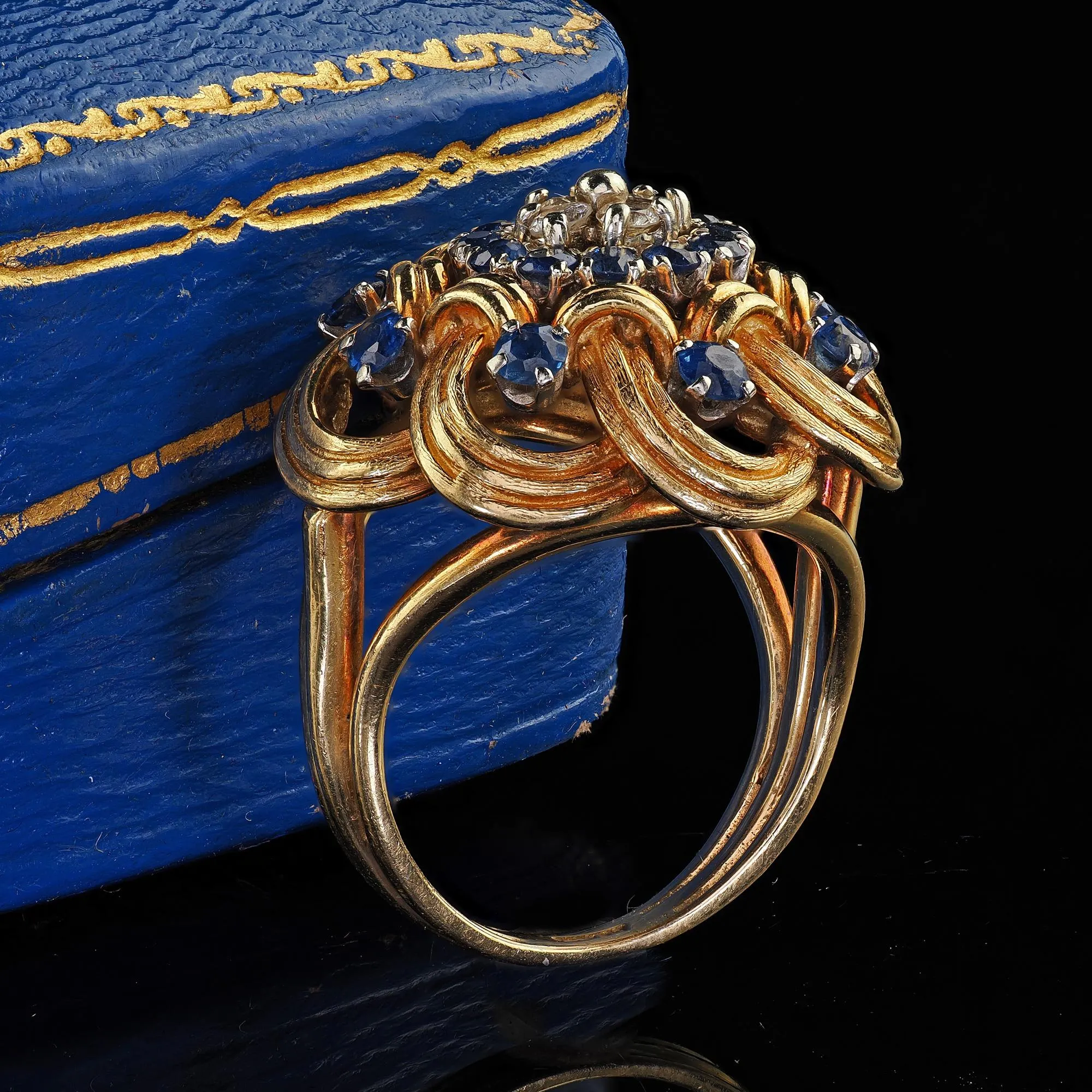 Vintage Estate 18K Yellow Gold Diamond and Sapphire Geometric Cocktail Ring