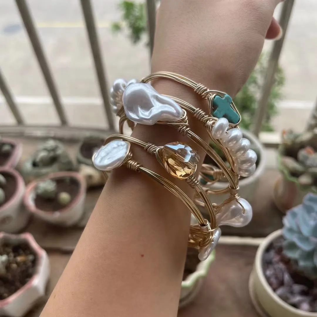 Vintage Golden Wire Wrapped Pearls Bracelet Life Bangle For Women Jewelry