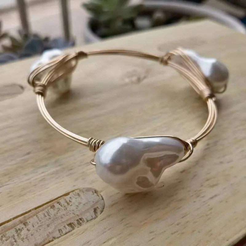 Vintage Golden Wire Wrapped Pearls Bracelet Life Bangle For Women Jewelry