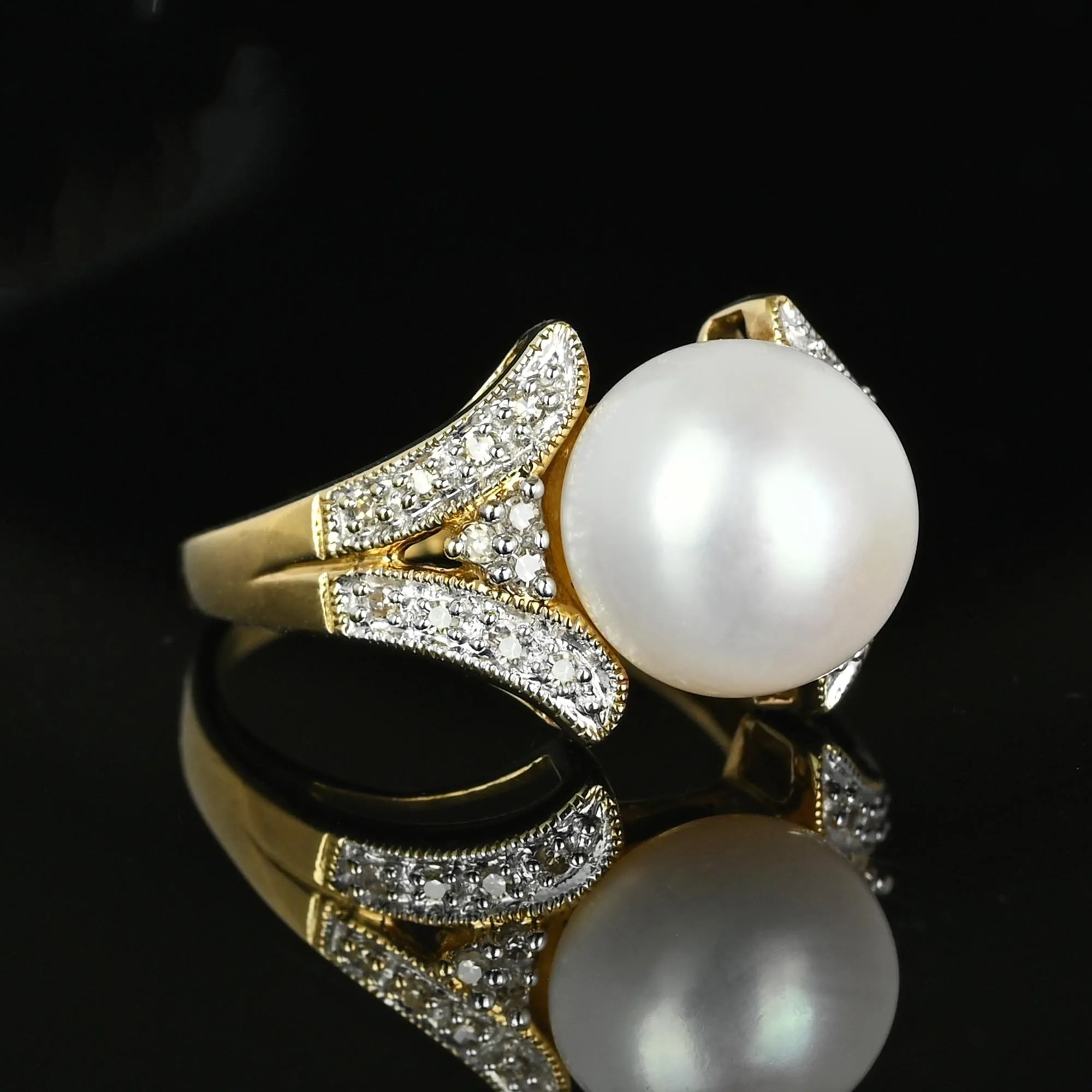 Vintage Large Pearl Diamond Cluster Cocktail Ring in Gold