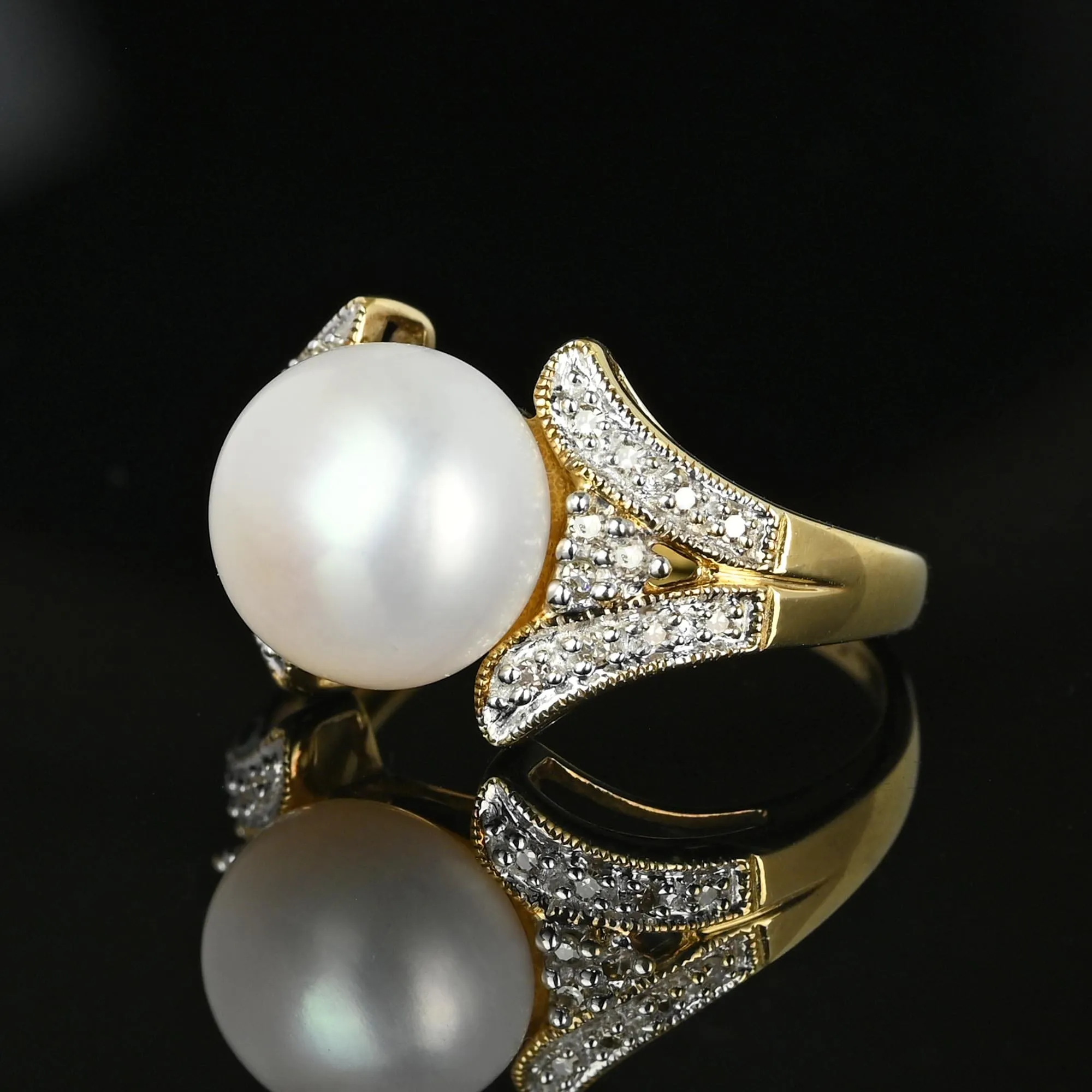Vintage Large Pearl Diamond Cluster Cocktail Ring in Gold