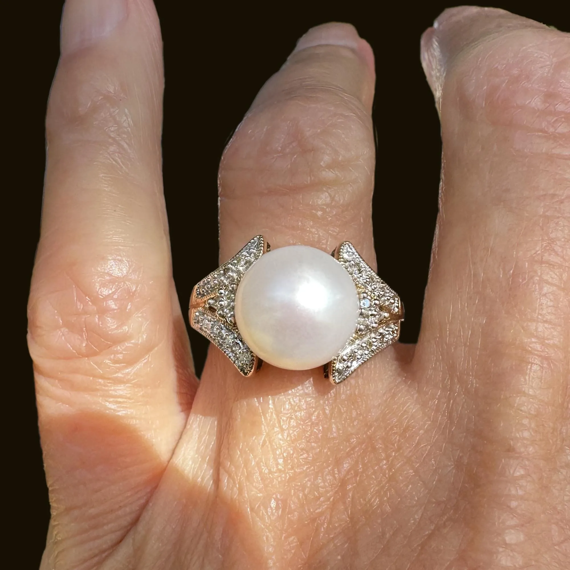 Vintage Large Pearl Diamond Cluster Cocktail Ring in Gold